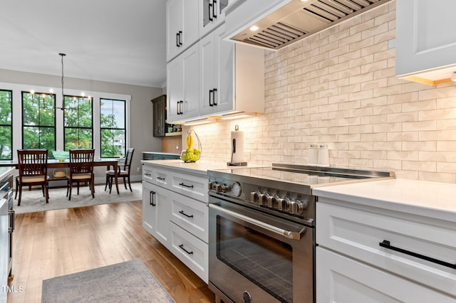 1229 Perry Bluff Dr, Wake Forest, NC 27587 - kitchen featuring stainless steel range, premium range hood, light countertops, and tasteful backsplash