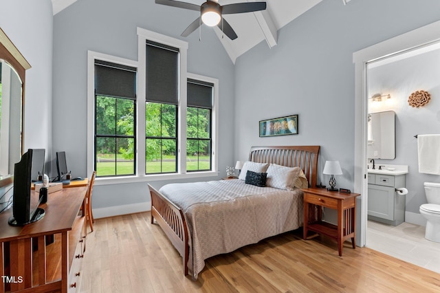 1229 Perry Bluff Dr, Wake Forest, NC 27587 - bedroom with an office area, light wood-style flooring, beamed ceiling, ensuite bath, and high vaulted ceiling