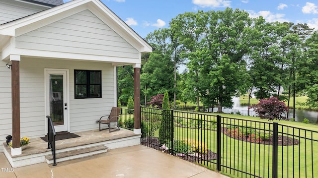 1229 Perry Bluff Dr, Wake Forest, NC 27587 - view of patio / terrace featuring a water view and a porch