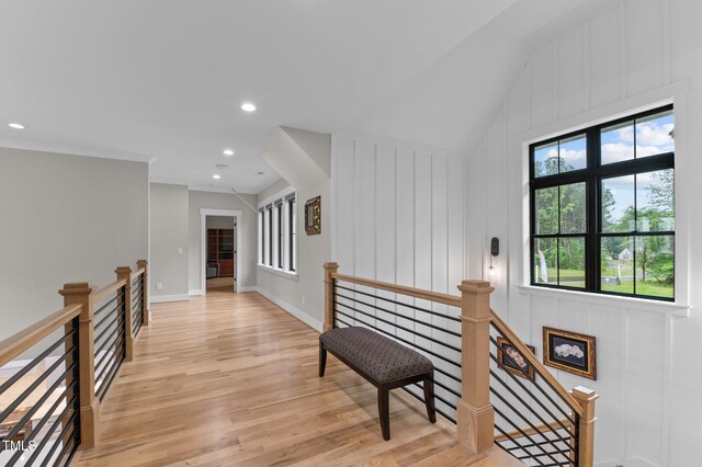 1229 Perry Bluff Dr, Wake Forest, NC 27587 - hall with an upstairs landing, light wood finished floors, vaulted ceiling, recessed lighting, and baseboards