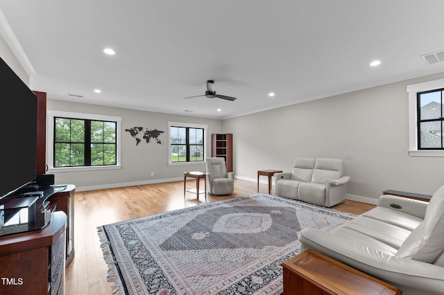 1229 Perry Bluff Dr, Wake Forest, NC 27587 - living area with light wood-style floors, a ceiling fan, baseboards, and recessed lighting