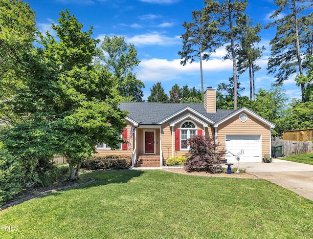 single story home with driveway, a chimney, a garage, and roof with shingles