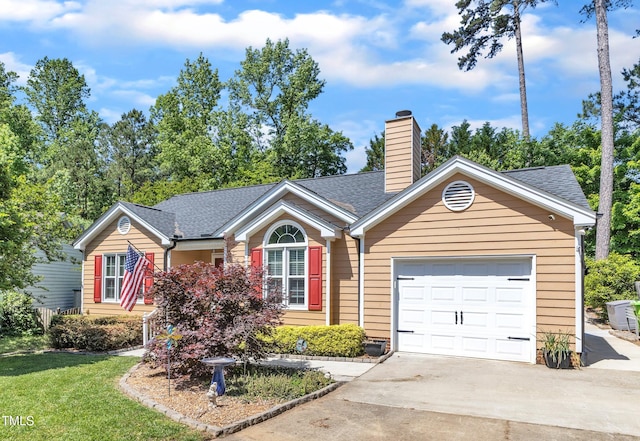 view of front of property with driveway, a chimney, a garage, a shingled roof, and a front lawn