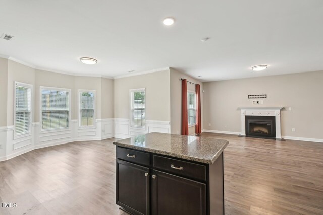 265 Wind Swept St, Raeford, NC 28376 - kitchen featuring open floor plan, light wood-type flooring, a fireplace with flush hearth, a wainscoted wall, and crown molding