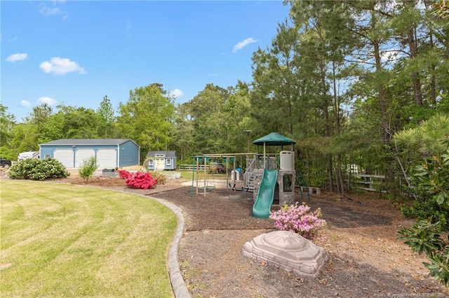 view of playground featuring an outdoor structure, a storage shed, and a lawn