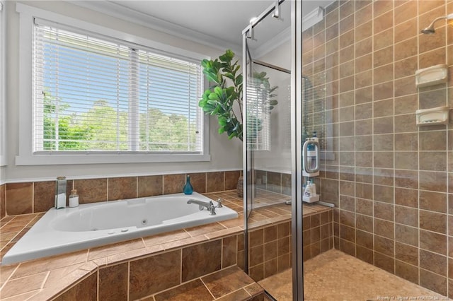 full bath featuring crown molding, a whirlpool tub, and a shower stall