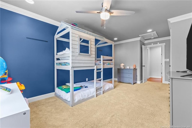 bedroom featuring carpet, baseboards, ornamental molding, and recessed lighting