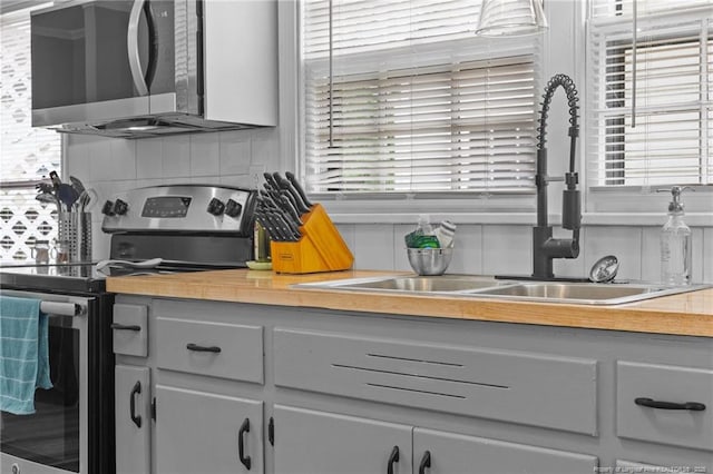 kitchen with a sink, backsplash, gray cabinets, and appliances with stainless steel finishes