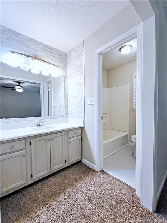 full bath with toilet, a tub to relax in, a textured ceiling, walk in shower, and vanity