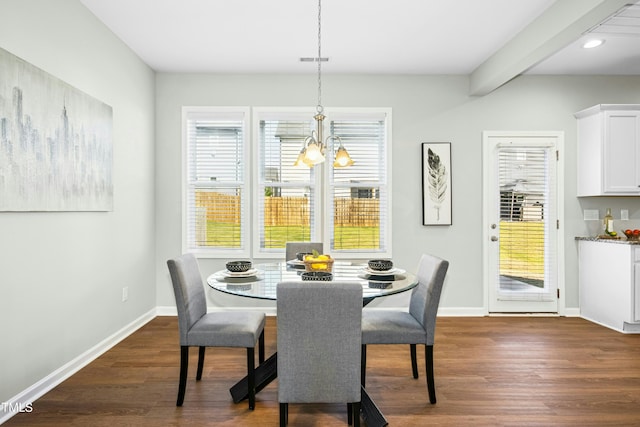 21 Diploma Dr, Clayton, NC 27520 - dining area with a chandelier, dark wood-style floors, baseboards, plenty of natural light, and recessed lighting