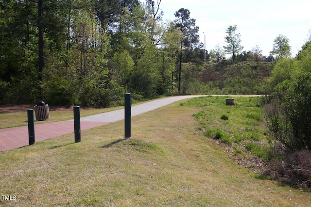 view of property's community featuring a yard and concrete driveway