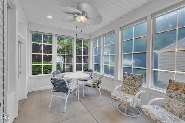 sunroom with wood finished floors, baseboards, recessed lighting, and wood ceiling