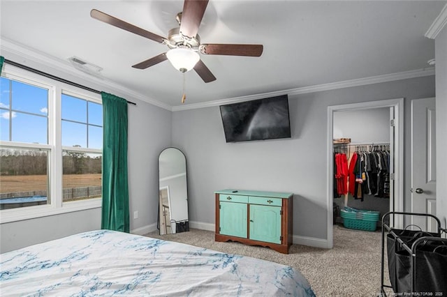 carpeted bedroom with a walk in closet, ornamental molding, baseboards, a closet, and a ceiling fan