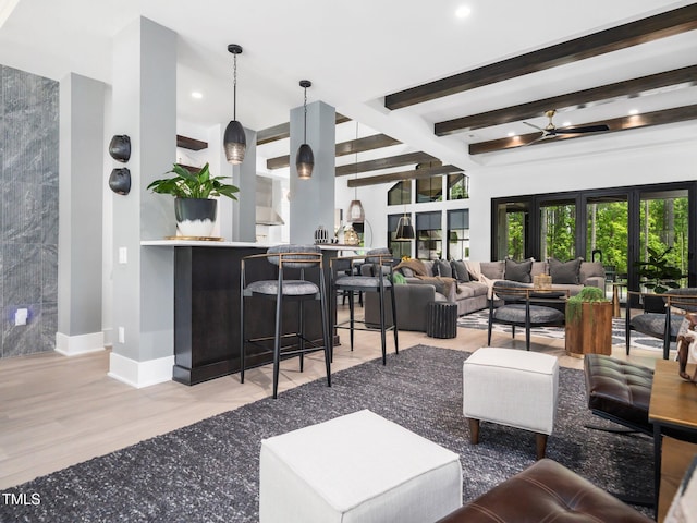604 Dappled Pine Ave, Durham, NC 27713 - living area with baseboards, recessed lighting, ceiling fan, wood finished floors, and beam ceiling