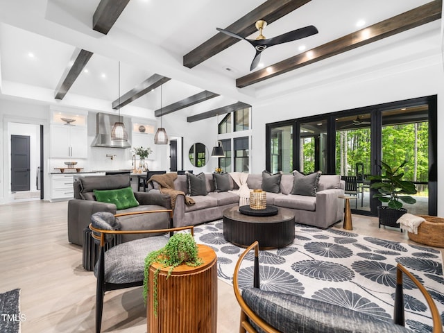 604 Dappled Pine Ave, Durham, NC 27713 - living room with a ceiling fan, beamed ceiling, light wood-style flooring, and recessed lighting