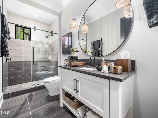 604 Dappled Pine Ave, Durham, NC 27713 - full bathroom featuring toilet, a shower stall, and vanity