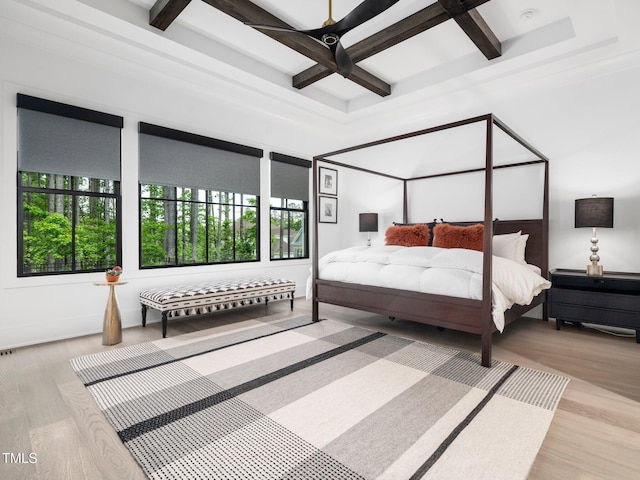 604 Dappled Pine Ave, Durham, NC 27713 - bedroom with coffered ceiling, wood finished floors, and beam ceiling