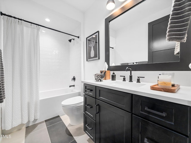 604 Dappled Pine Ave, Durham, NC 27713 - full bathroom featuring vanity, toilet, shower / tub combo with curtain, tile patterned floors, and recessed lighting