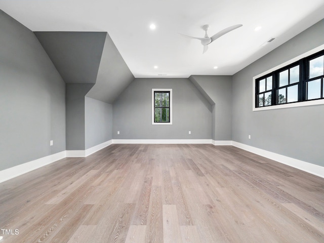 604 Dappled Pine Ave, Durham, NC 27713 - bonus room with wood finished floors, a ceiling fan, recessed lighting, lofted ceiling, and baseboards