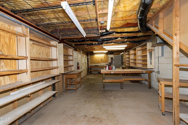 basement with a workshop area