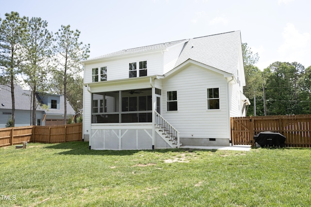 2200 Mays Crossroads Rd, Louisburg, NC 27549 - rear view of house featuring a sunroom, ceiling fan, and crawl space