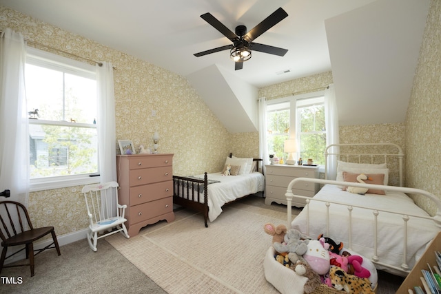 2200 Mays Crossroads Rd, Louisburg, NC 27549 - bedroom featuring wallpapered walls, carpet, ceiling fan, and vaulted ceiling