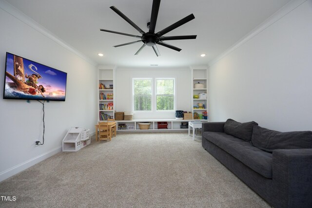 2200 Mays Crossroads Rd, Louisburg, NC 27549 - carpeted living area with ornamental molding, a ceiling fan, recessed lighting, and baseboards