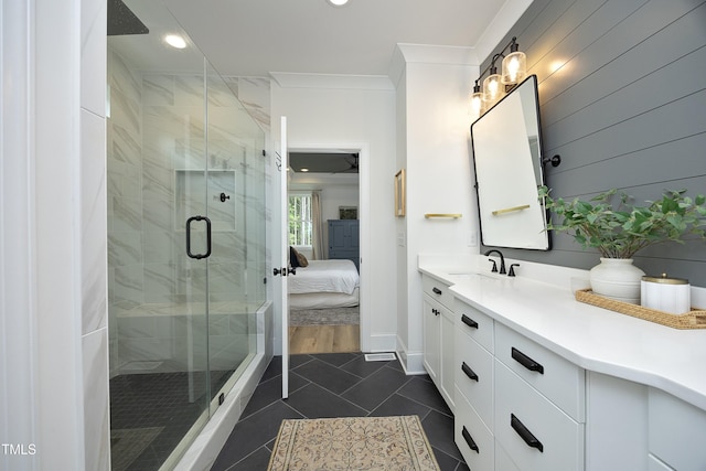 2200 Mays Crossroads Rd, Louisburg, NC 27549 - ensuite bathroom with tile patterned floors, recessed lighting, vanity, a shower stall, and ornamental molding