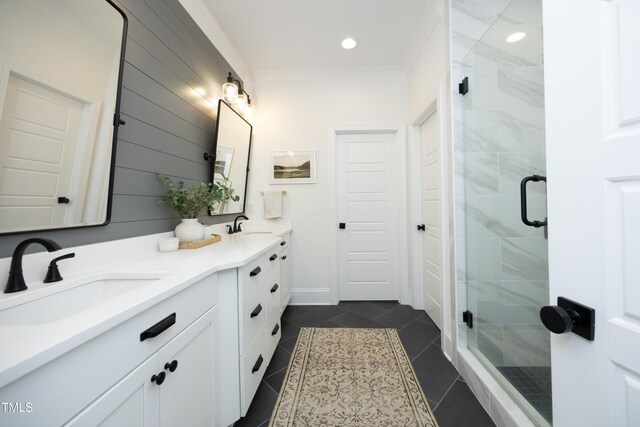 2200 Mays Crossroads Rd, Louisburg, NC 27549 - bathroom with a shower stall, ornamental molding, double vanity, tile patterned flooring, and recessed lighting