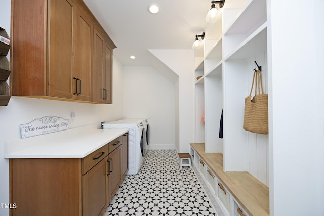 2200 Mays Crossroads Rd, Louisburg, NC 27549 - clothes washing area featuring cabinet space, separate washer and dryer, light floors, recessed lighting, and baseboards