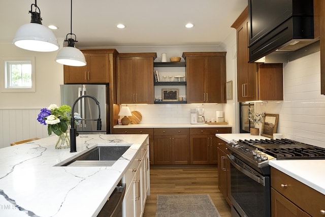 2200 Mays Crossroads Rd, Louisburg, NC 27549 - kitchen featuring stainless steel appliances, a sink, open shelves, dark wood-style floors, and recessed lighting