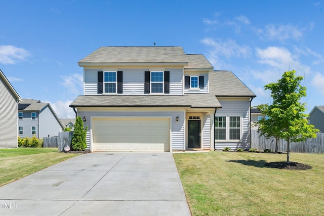 traditional-style home with concrete driveway, a garage, and a shingled roof