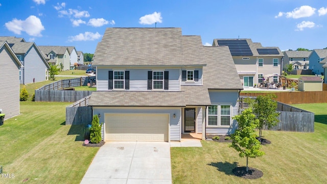 contemporary home with a residential view, an attached garage, driveway, and a shingled roof