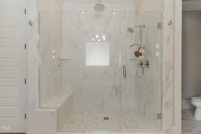 full bathroom with toilet, a marble finish shower, and marble finish flooring