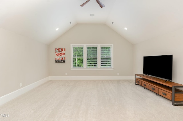 additional living space featuring a ceiling fan, light colored carpet, baseboards, vaulted ceiling, and recessed lighting