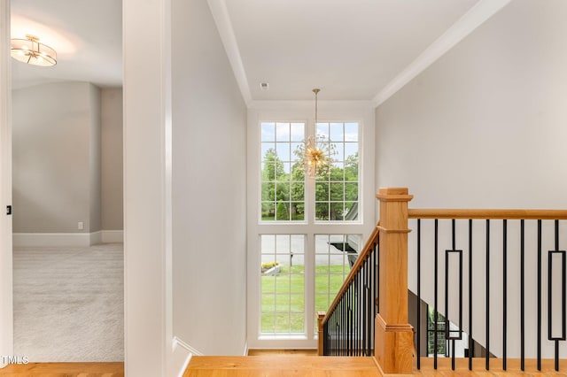 stairs featuring a chandelier, baseboards, and crown molding