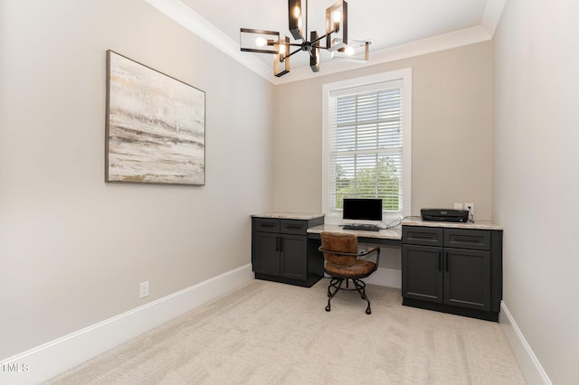 office featuring a chandelier, light carpet, ornamental molding, and baseboards
