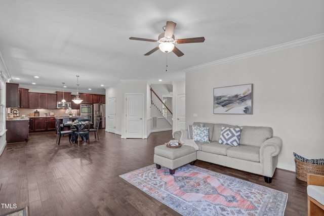 living room with recessed lighting, stairs, crown molding, a ceiling fan, and dark wood-type flooring