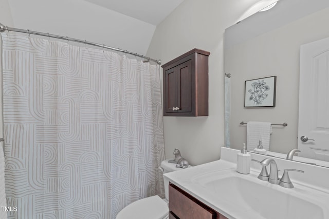 full bath featuring toilet, vanity, and curtained shower