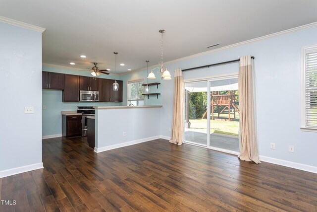 kitchen featuring stainless steel appliances, ornamental molding, dark brown cabinetry, ceiling fan, and dark wood finished floors