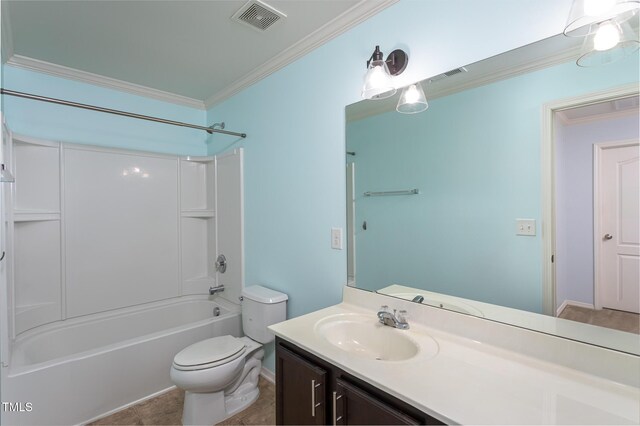 full bathroom with crown molding, toilet, vanity, and shower / washtub combination