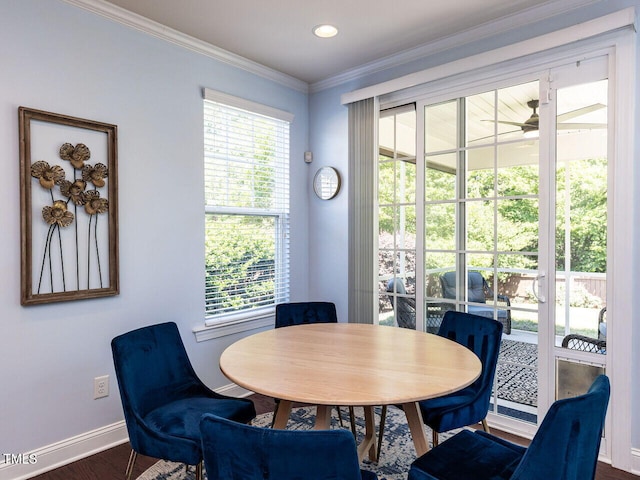 dining area with baseboards, ceiling fan, ornamental molding, and dark wood-type flooring