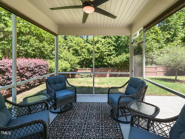 sunroom featuring a ceiling fan and healthy amount of natural light