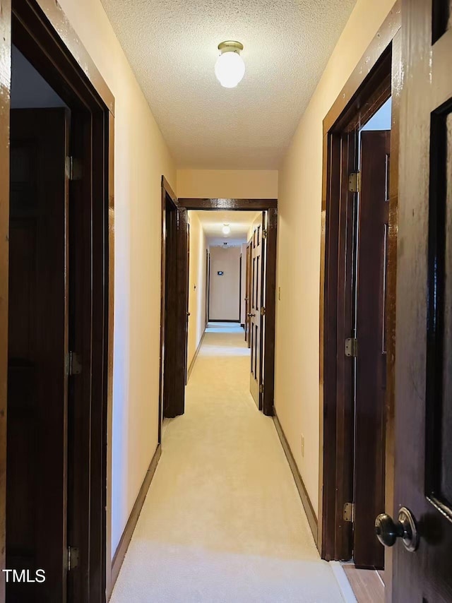 hallway featuring light carpet, a textured ceiling, and baseboards