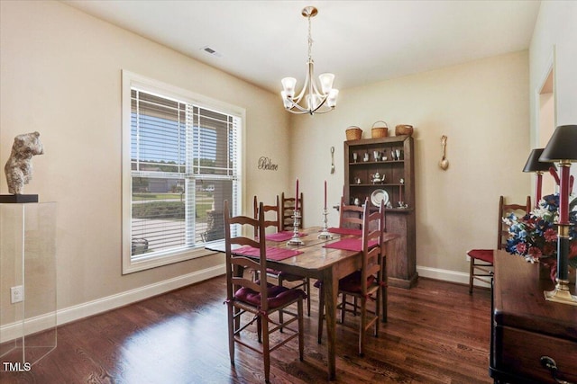 dining area with a chandelier, baseboards, and dark wood finished floors