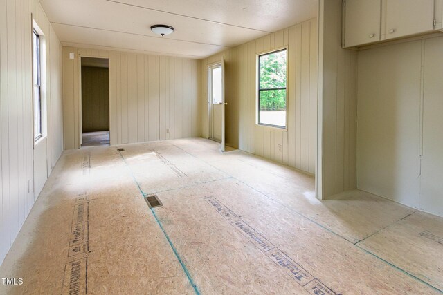empty room featuring wood walls