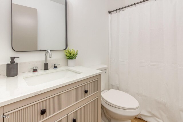 full bathroom with toilet, vanity, and a shower with shower curtain
