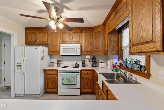 kitchen with white appliances, a sink, brown cabinets, a textured ceiling, and ornamental molding