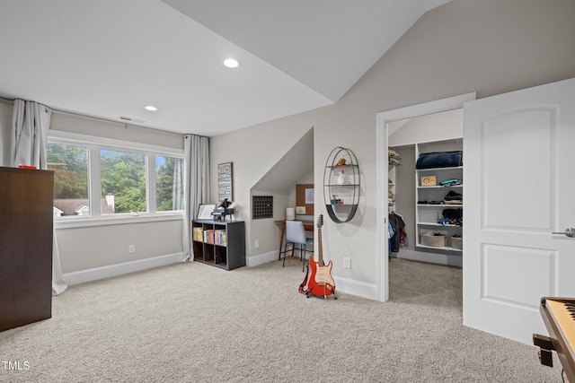 game room with carpet flooring, baseboards, recessed lighting, and vaulted ceiling