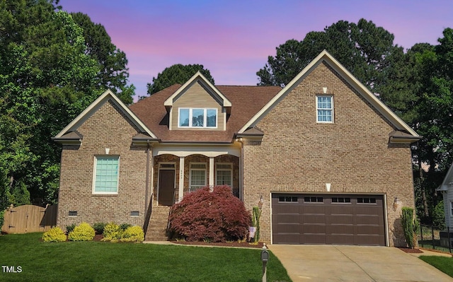 view of front of house with a garage, driveway, brick siding, a porch, and crawl space
